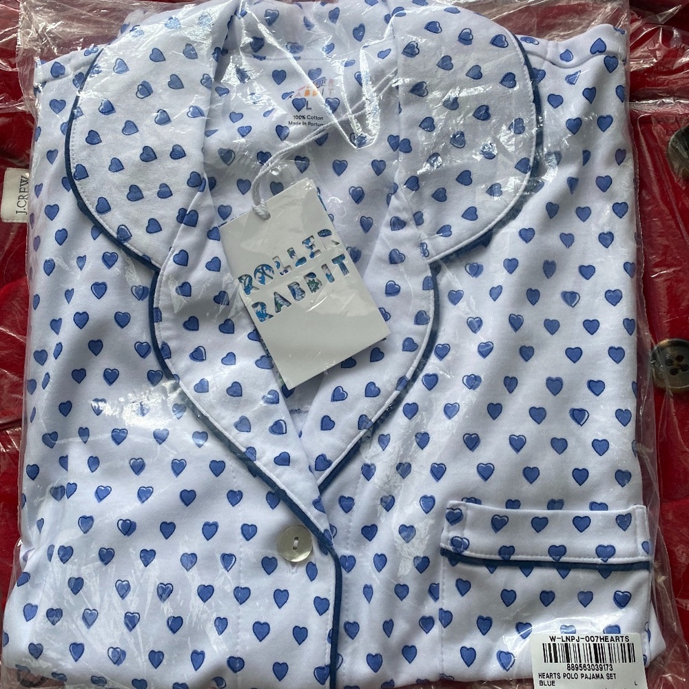 NWT Roller Rabbit BLUE Hearts Polo Pajamas set Size Large